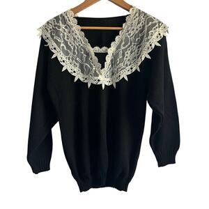 Vintage USA Black V Neck Cottagecore Lace Bib Collar Sweater